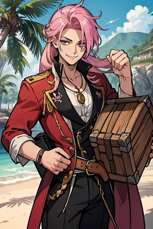 A handsome pink haired man with violet eyes with long hair in a pirate's uniform is carrying a treasure chest on a tropical island with a big smile