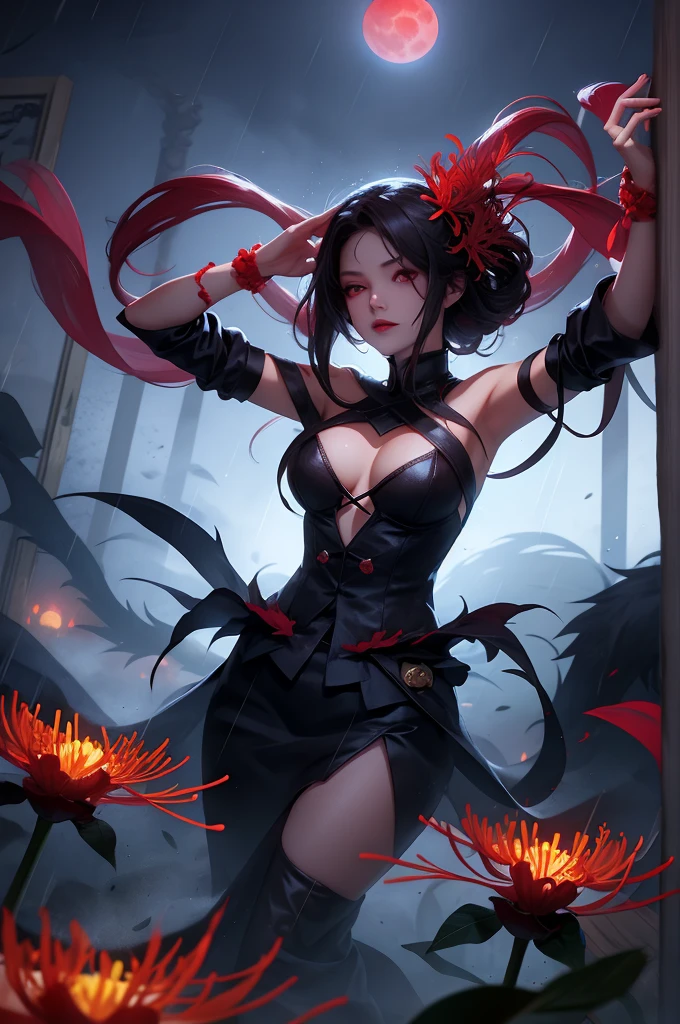 1girl,spider lily,red flowers,rain,sky,long hair,mist,fog,haze,fisheye,cowboy shot,flower field,horror,dark theme,monster girl,sytx,yinjian,door,night,red moon,dynamic pose,