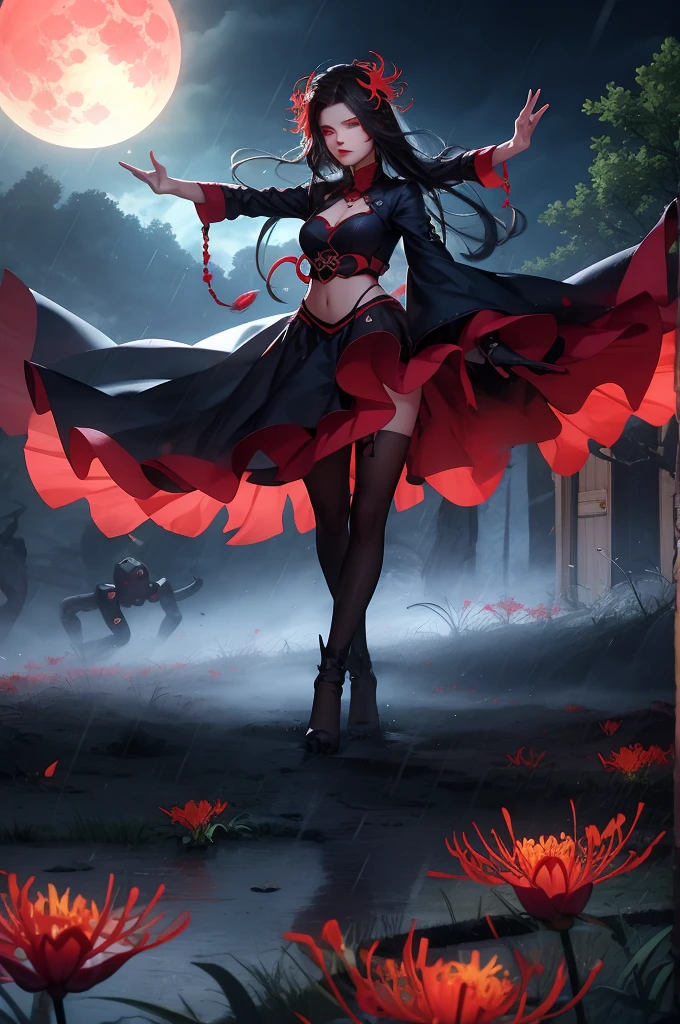 1girl,spider lily,red flowers,rain,sky,long hair,mist,fog,haze,fisheye,cowboy shot,flower field,horror,dark theme,monster girl,sytx,yinjian,door,night,red moon,dynamic pose,