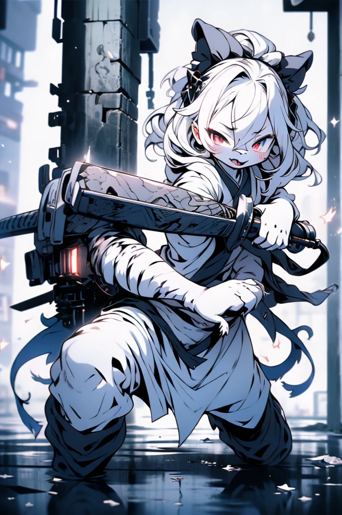 quality\(8K,Extremely detailed CG unit wallpaper, masterpiece,high resolution,top-quality,top-quality real texture skin,Surrealism,提high resolution,RAW photos,Best quality,Very detailed,,light,Ray Tracing,Golden Ratio\),furry，furry，hairy，hairy，White Tiger少女，White Tiger，White Tiger，White Tiger少女，全身White hair，White Hair，White hair，Snow background，Snow and ice theme，Hanfu，Hanfu下摆，遮住大腿的Hanfu下摆，穿着Hanfu，中式Hanfu，手持Long Sword，Sword in hand，Martial arts style，手持Long Sword的White Tiger少女，Full body close-up，Lean forward，Juhechop，Draw the sword and cut，手持Long Sword，持有Long Sword，拿着Long Sword，Long Sword，Long Sword，Long Sword，Highlight the role，Sassy，Keep your mouth shut，cool girl，indifferent，Cold，poker face，Loose long hair，Loose long hair，Cold气质，Loose long hair，Cold，Blood-red eyes，Maniac