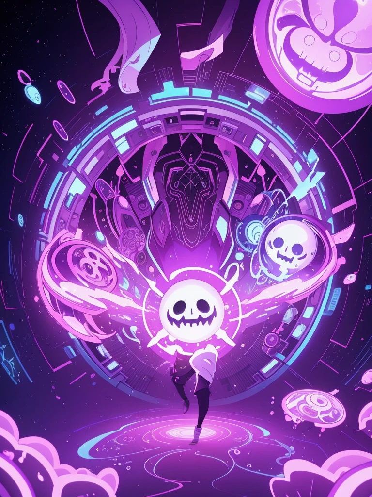 A panthasm and vibrant cartoon render crafted in of purple and white, exuding a and tecnology atmosphereon. Glitch effect,The lettering is adorned with drops carved face of a crying ghost scary with representation in drops, and charming details like a small distortion and broken add an hacker touch.Binary background hacker in purple and grand depth of the field image make it visually mesmerizing, as if transporting the viewer into a magical world.Vibrant, cinematic, cartoon render