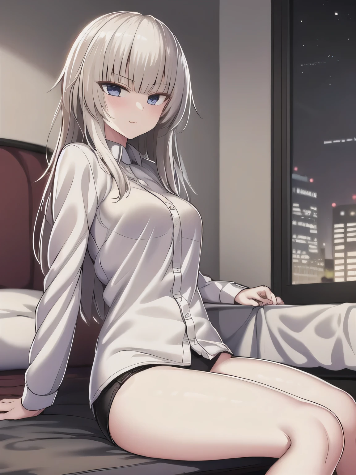 high quality, high resolution,(((nsfw))),(((one women))),(((beautiful face))),(((blue eyes))),(((silver hair))),(((blunt bangs))),(((straight long  hair))),((small breasts:1.5)),((sweaty skin)),(((bare breasts))),(((business suit))),(((Jacket))),(((Pencil skirt))),(((pantyhose))),
BREAK,(embarrassed,blush:1.3),(steam:0.8),(wet:0.8),(sweat:0.8),(trembling:1.3),(parted lips:1.3),(harf open eyes:1.4),(feeling weak:1.5)
BREAK,(((outdoor))),(((night))),
BREAK,(((model posing))),((spread legs:1.8)),(((arms behind back))), 
BREAK,(((Angle from below))),(looking at viewer),(((focus on pussy)))