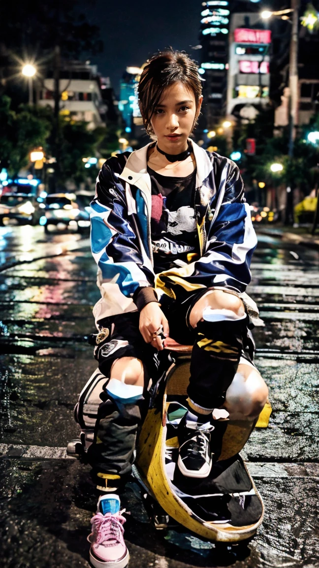 showing pokok-pokok a beautiful Korean-looking woman with short neat tomboyish hair, wearing a black t-shirt, white striped bomber jacket, yellow and pink cargo pants, blue shoes, sitting on a skateboard, fingers cursing, background in the middle of the road, lights city from a distance, wet roads, blurry