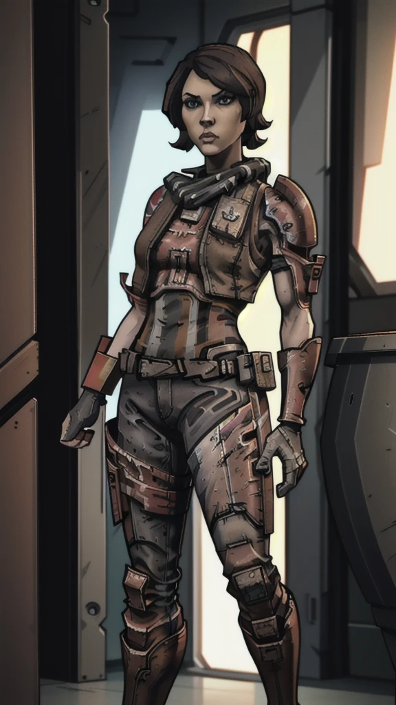 1 girl, , brown hair in high ponytail, warm brown eyes, wearing goggles, white skin, slender figure, wearing earpiece, red scarf, white striped blouse, black tactical vest with pockets, long shorts, metal knee pads, sturdy work boots, reinforced gloves with metal studs, leather belt with additional pockets, inspired by Borderlands video game, best quality, 4k, 8k, highres, masterpiece:1.2, ultra-detailed, realistic, photorealistic, photo-realistic:1.37, concept art, sci-fi, vibrant colors, dramatic lighting