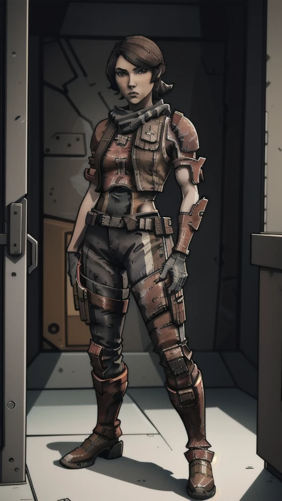1 girl, 14 years old, brown hair in high ponytail, warm brown eyes, wearing goggles, white skin, slender figure, wearing earpiece, red scarf, white striped blouse, black tactical vest with pockets, long shorts, metal knee pads, sturdy work boots, reinforced gloves with metal studs, leather belt with additional pockets, inspired by Borderlands video game, best quality, 4k, 8k, highres, masterpiece:1.2, ultra-detailed, realistic, photorealistic, photo-realistic:1.37, concept art, sci-fi, vibrant colors, dramatic lighting