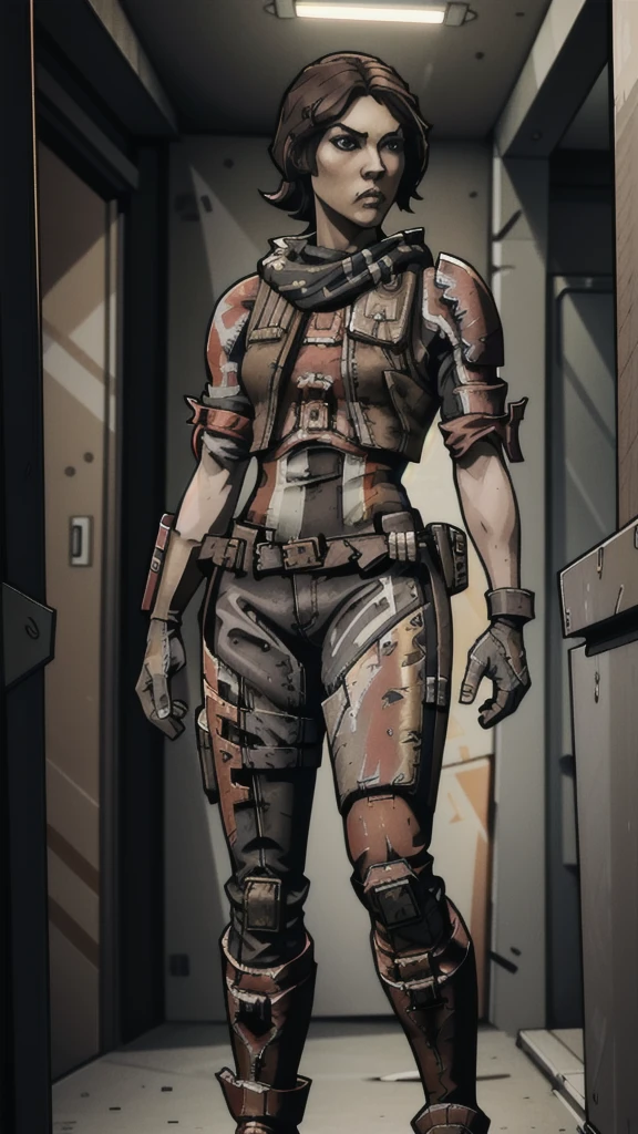 1 girl, , brown hair in high ponytail, warm brown eyes, wearing goggles, white skin, slender figure, wearing earpiece, red scarf, white striped blouse, black tactical vest with pockets, long shorts, metal knee pads, sturdy work boots, reinforced gloves with metal studs, leather belt with additional pockets, inspired by Borderlands video game, best quality, 4k, 8k, highres, masterpiece:1.2, ultra-detailed, realistic, photorealistic, photo-realistic:1.37, concept art, sci-fi, vibrant colors, dramatic lighting