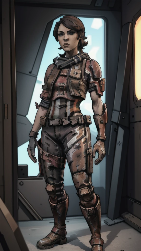 1 girl, , brown hair in high ponytail, warm brown eyes, wearing goggles, white skin, slender figure, wearing earpiece, red scarf, white striped blouse, black tactical vest with pockets, long shorts, metal knee pads, sturdy work boots, reinforced gloves with metal studs, leather belt with additional pockets, inspired by Borderlands video game, best quality, 4k, 8k, highres, masterpiece:1.2, ultra-detailed, realistic, photorealistic, photo-realistic:1.37, concept art, sci-fi, vibrant colors, dramatic lighting