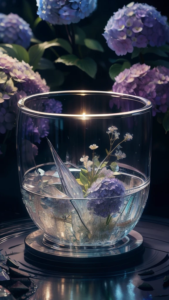 A masterpiece of botanical and glass sculpture, Flowers and rocks inside, water, Shine, Fantasy, high quality, High Detail, Better Quality, RTX, 4K, 8K,hydrangea,rain,drop