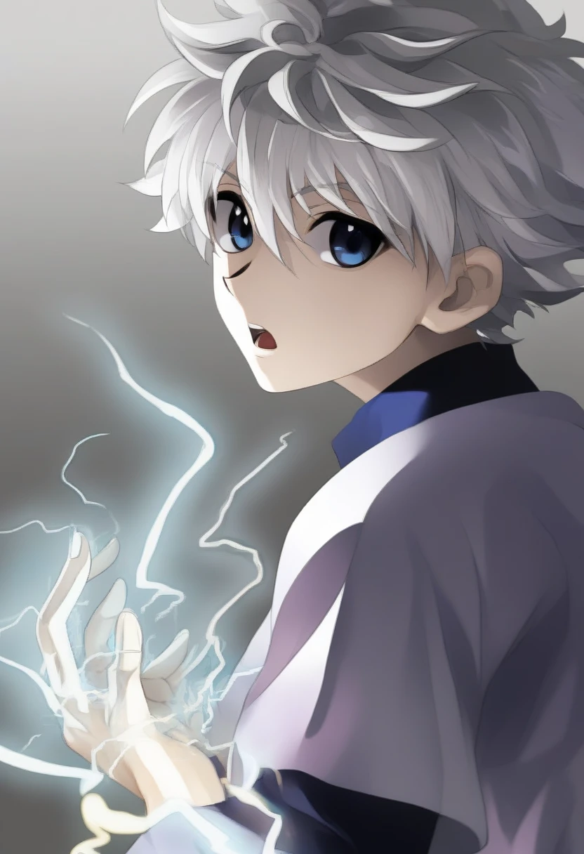 killua_zoldyck, 1boy, solo, looking at viewer,  short hair, open mouth, bangs, blue eyes, shirt, long sleeves, white background, hair between eyes, upper body, white hair, male focus, looking back, electricity, magic, male , score_8_up, rating_safe ภาพคนจริงสมจริงร,รูปถ่ายจริง,8k-32k
