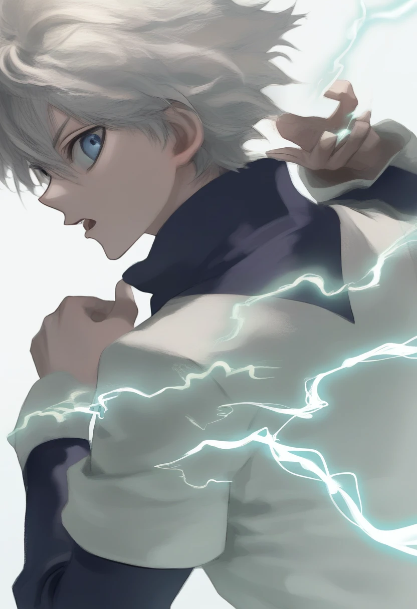 killua_zoldyck, 1boy, solo, looking at viewer,  short hair, open mouth, bangs, blue eyes, shirt, long sleeves, white background, hair between eyes, upper body, white hair, male focus, looking back, electricity, magic, male , score_8_up, rating_safe ภาพคนจริงสมจริงร,รูปถ่ายจริง,8k-32k
