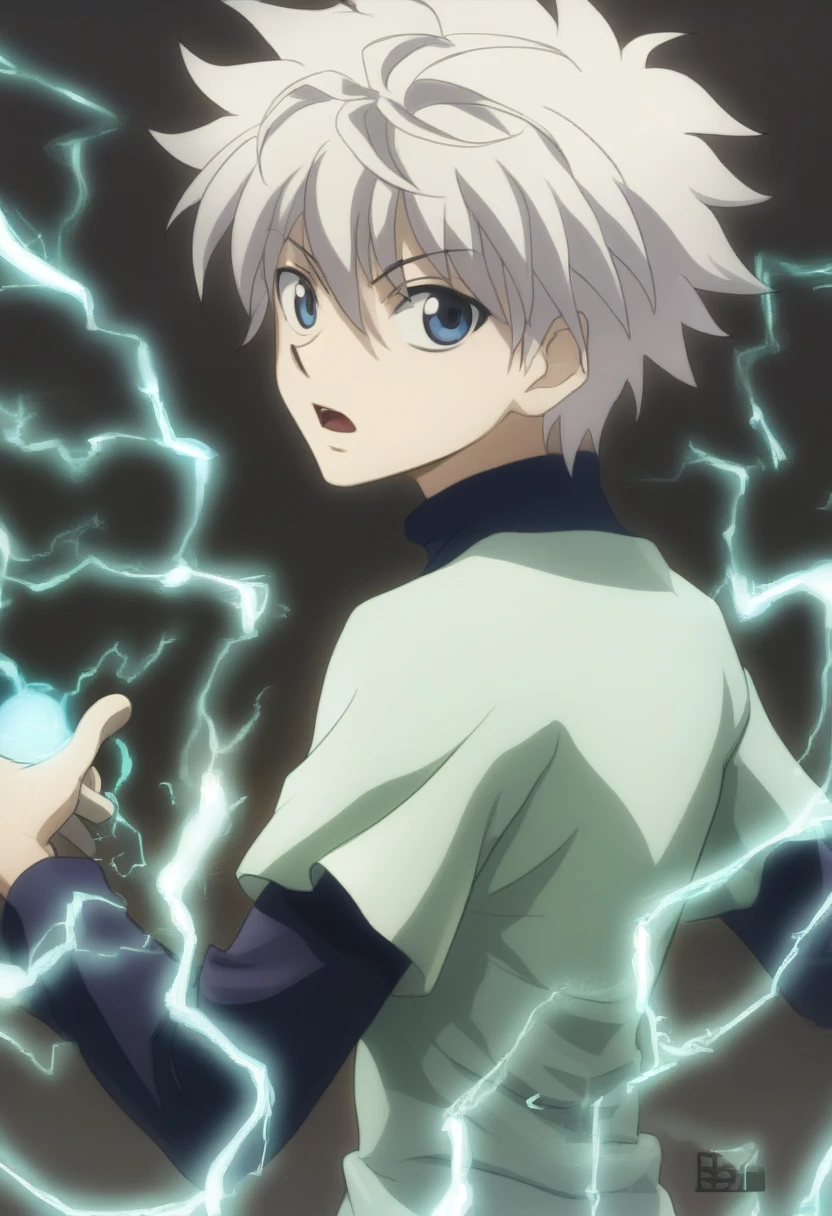 killua_zoldyck, 1boy, solo, looking at viewer,  short hair, open mouth, bangs, blue eyes, shirt, long sleeves, white background, hair between eyes, upper body, white hair, male focus, looking back, electricity, magic, male , score_8_up, rating_safe ภาพคนจริงสมจริงร,รูปถ่ายจริง,8k-32k
