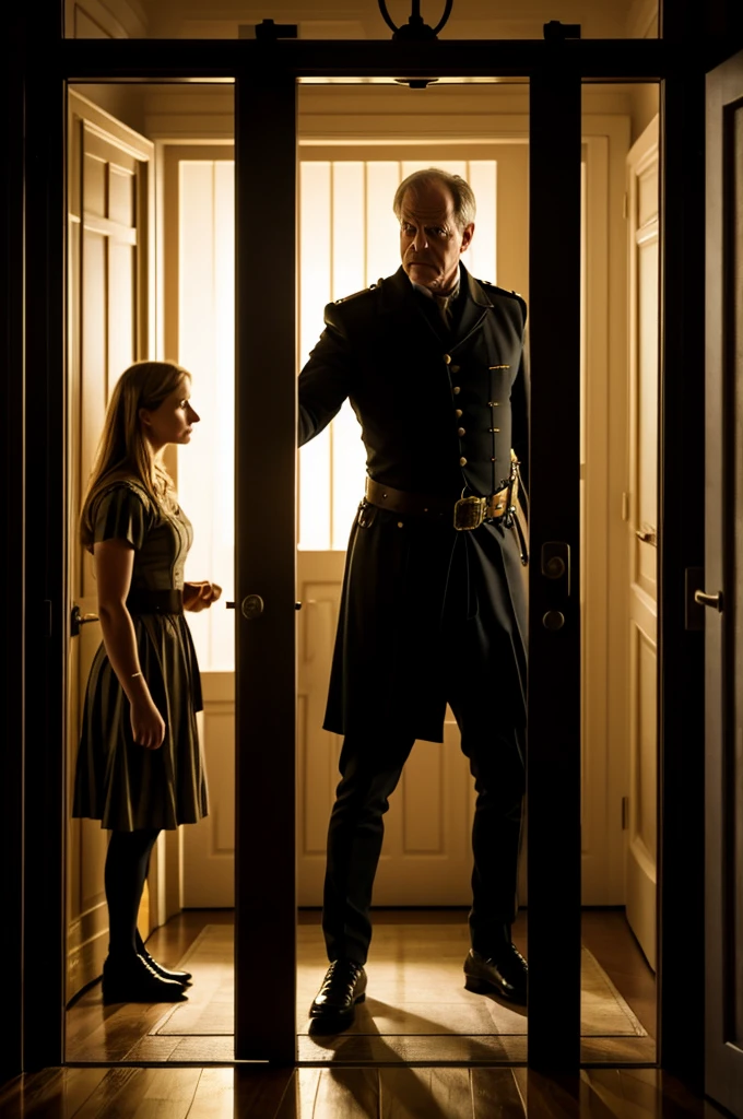 "Malvolio in a dimly lit room, looking bewildered and angry, guards closing the door, Olivia giving instructions."