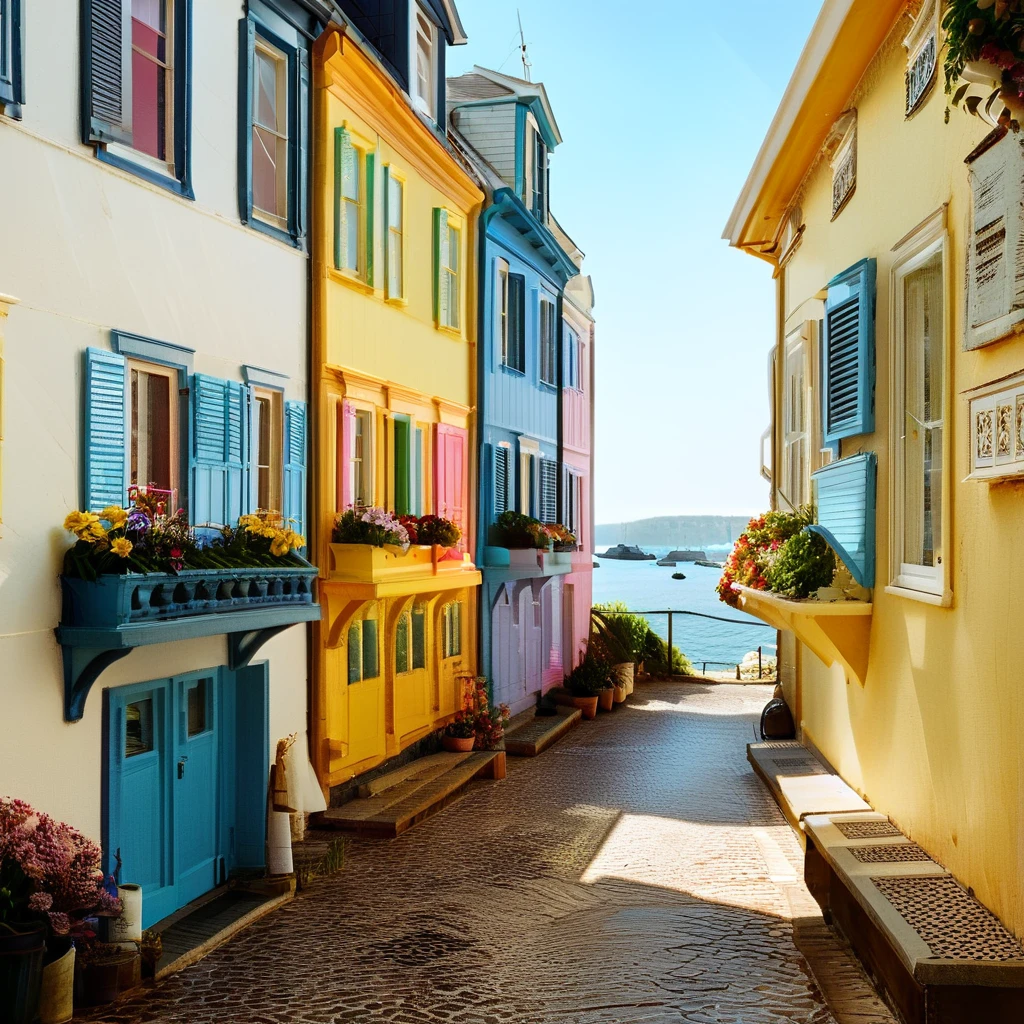 (masterpiece, top quality, best quality),(ultra-detailed, absolutely resolution),((16k, high res)),
BREAK {hyper-realistic photo of a seaside street lined with colorful, narrow houses. The houses should be painted in vibrant shades of blue, yellow, pink, and green, with charming details like wooden shutters, flower boxes, and small balconies. The street should be narrow and winding, with cobblestone paving and a view of the ocean in the background. Include elements like boats docked nearby, gentle waves, and a clear blue sky. The lighting should be bright and natural, enhancing the lively and picturesque atmosphere. The overall scene should be cheerful and inviting, capturing the charm of a quaint seaside village.}
BREAK { (produces images with information more than 40 million pixels with cinematic-like detailed textures shot on a Sony SLR).}
