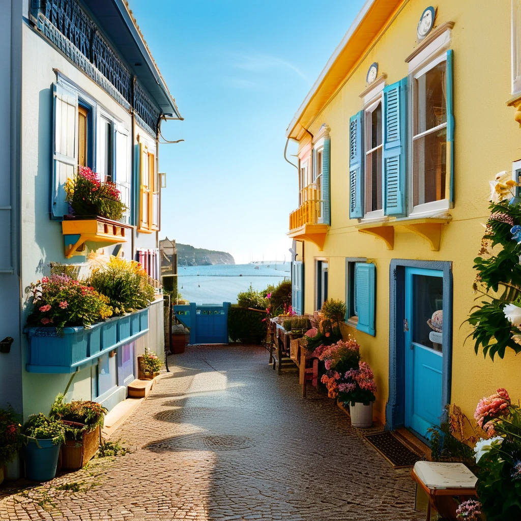 (masterpiece, top quality, best quality),(ultra-detailed, absolutely resolution),((16k, high res)),

BREAK {hyper-realistic photo of a seaside street lined with colorful, narrow houses. The houses should be painted in vibrant shades of blue, yellow, pink, and green, with charming details like wooden shutters, flower boxes, and small balconies. The street should be narrow and winding, with cobblestone paving and a view of the ocean in the background. Include elements like boats docked nearby, gentle waves, and a clear blue sky. The lighting should be bright and natural, enhancing the lively and picturesque atmosphere. The overall scene should be cheerful and inviting, capturing the charm of a quaint seaside village.}

BREAK { (produces images with information more than 40 million pixels with cinematic-like detailed textures shot on a Sony SLR).}