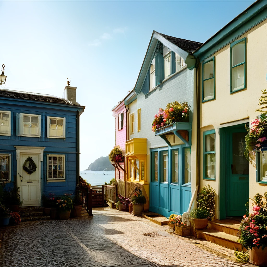 (masterpiece, top quality, best quality),(ultra-detailed, absolutely resolution),((16k, high res)),

BREAK {hyper-realistic photo of a seaside street lined with colorful, narrow houses. The houses should be painted in vibrant shades of blue, yellow, pink, and green, with charming details like wooden shutters, flower boxes, and small balconies. The street should be narrow and winding, with cobblestone paving and a view of the ocean in the background. Include elements like boats docked nearby, gentle waves, and a clear blue sky. The lighting should be bright and natural, enhancing the lively and picturesque atmosphere. The overall scene should be cheerful and inviting, capturing the charm of a quaint seaside village.}

BREAK { (produces images with information more than 40 million pixels with cinematic-like detailed textures shot on a Sony SLR).}