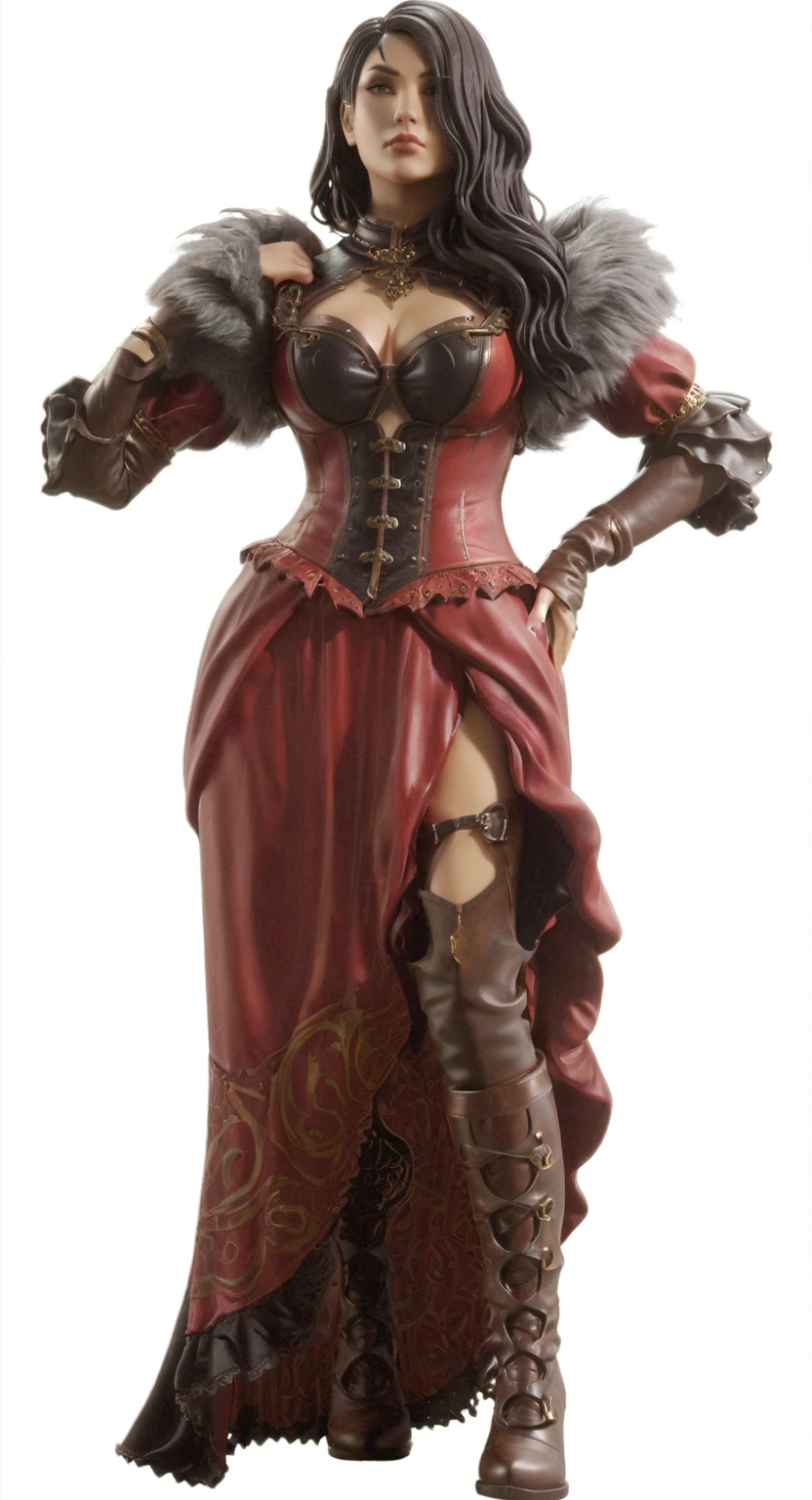 a woman in a red dress and brown boots is posing, lady in red armor, black witch full body pose, rendering of mirabel madrigal, full view of the black sorceress, mulher pyromancer steampunk do mal, resine figure, steampunk chandra queen of fire, pvc figurine, castlevania witch, full body female, ( highly detailed figure ), cranberry statue