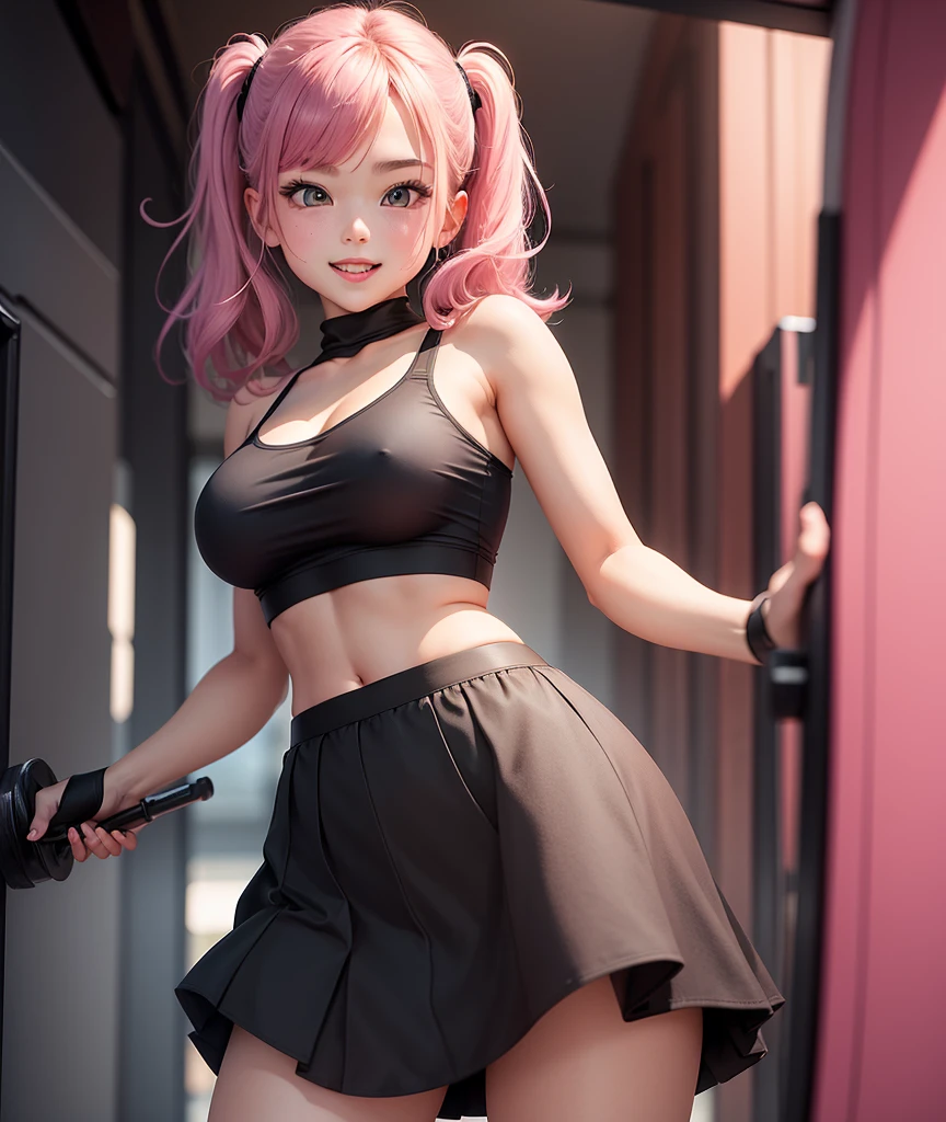 Girl dressed in a black top lifting her black skirt showing tight pink underwear while looking at the camera with an excited face