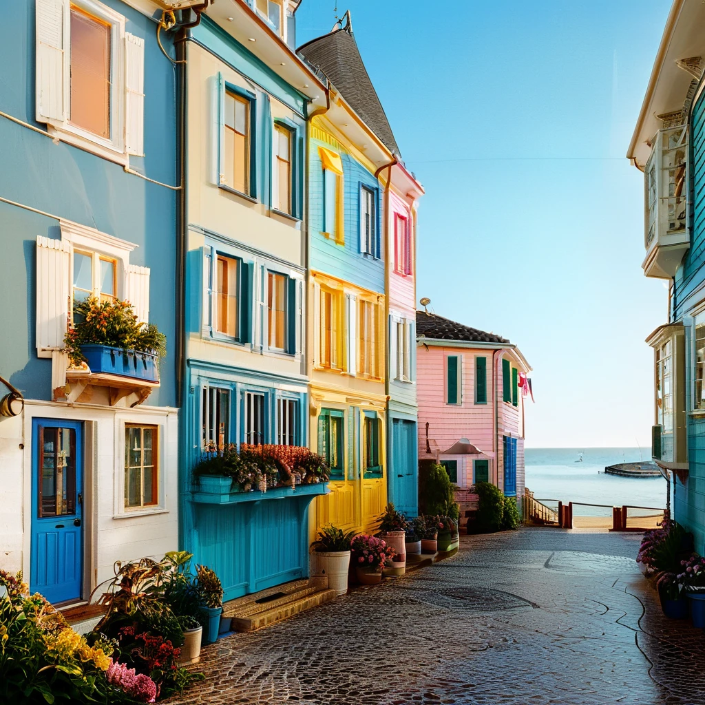 (masterpiece, top quality, best quality),(ultra-detailed, absolutely resolution),((16k, high res)),
BREAK {hyper-realistic photo of a seaside street lined with colorful, narrow houses. The houses should be painted in vibrant shades of blue, yellow, pink, and green, with charming details like wooden shutters, flower boxes, and small balconies. The street should be narrow and winding, with cobblestone paving and a view of the ocean in the background. Include elements like boats docked nearby, gentle waves, and a clear blue sky. The lighting should be bright and natural, enhancing the lively and picturesque atmosphere. The overall scene should be cheerful and inviting, capturing the charm of a quaint seaside village.}
BREAK { (produces images with information more than 40 million pixels with cinematic-like detailed textures shot on a Sony SLR).}