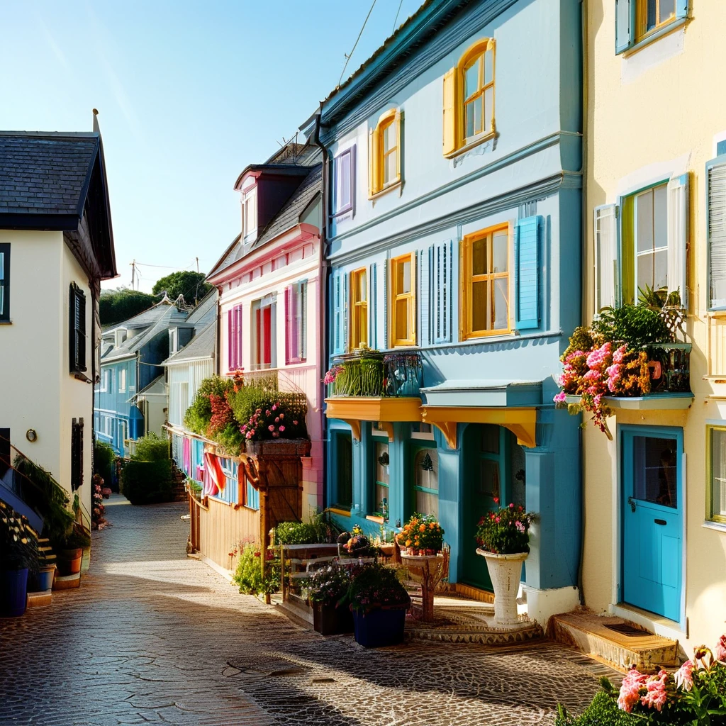 (masterpiece, top quality, best quality),(ultra-detailed, absolutely resolution),((16k, high res)),

BREAK {hyper-realistic photo of a seaside street lined with colorful, narrow houses. The houses should be painted in vibrant shades of blue, yellow, pink, and green, with charming details like wooden shutters, flower boxes, and small balconies. The street should be narrow and winding, with cobblestone paving and a view of the ocean in the background. Include elements like boats docked nearby, gentle waves, and a clear blue sky. The lighting should be bright and natural, enhancing the lively and picturesque atmosphere. The overall scene should be cheerful and inviting, capturing the charm of a quaint seaside village.}

BREAK { (produces images with information more than 40 million pixels with cinematic-like detailed textures shot on a Sony SLR).}