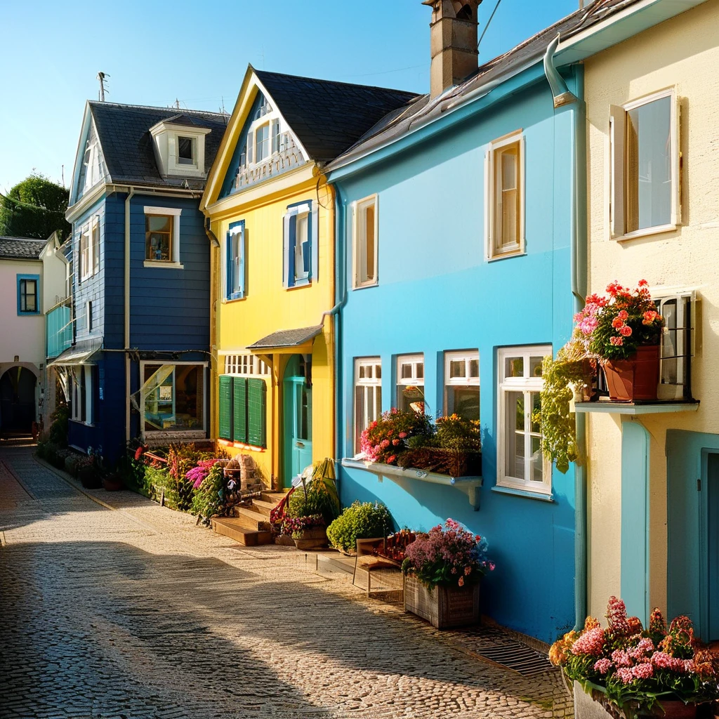 (masterpiece, top quality, best quality),(ultra-detailed, absolutely resolution),((16k, high res)),

BREAK {hyper-realistic photo of a seaside street lined with colorful, narrow houses. The houses should be painted in vibrant shades of blue, yellow, pink, and green, with charming details like wooden shutters, flower boxes, and small balconies. The street should be narrow and winding, with cobblestone paving and a view of the ocean in the background. Include elements like boats docked nearby, gentle waves, and a clear blue sky. The lighting should be bright and natural, enhancing the lively and picturesque atmosphere. The overall scene should be cheerful and inviting, capturing the charm of a quaint seaside village.}

BREAK { (produces images with information more than 40 million pixels with cinematic-like detailed textures shot on a Sony SLR).}