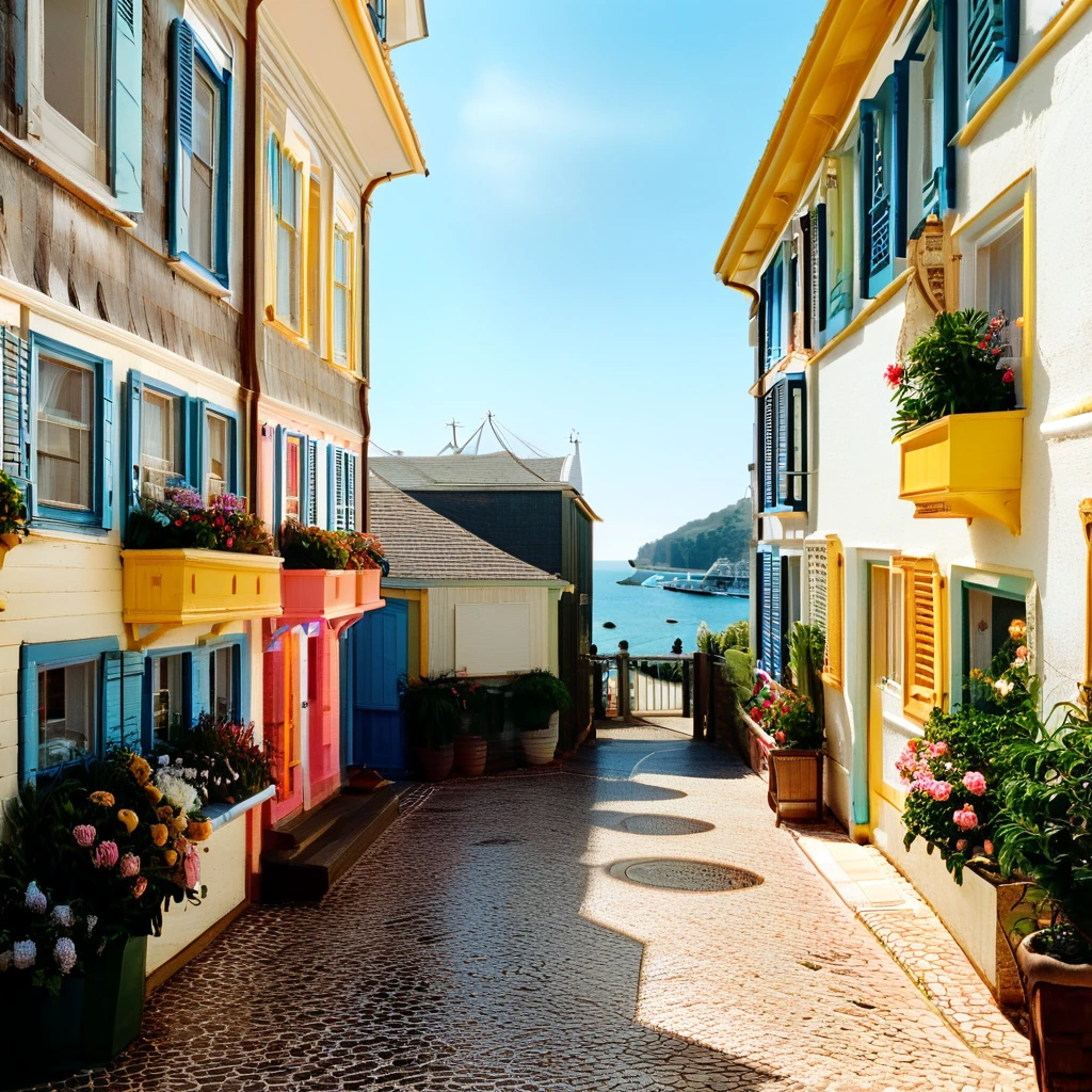 (masterpiece, top quality, best quality),(ultra-detailed, absolutely resolution),((16k, high res)),

BREAK {hyper-realistic photo of a seaside street lined with colorful, narrow houses. The houses should be painted in vibrant shades of blue, yellow, pink, and green, with charming details like wooden shutters, flower boxes, and small balconies. The street should be narrow and winding, with cobblestone paving and a view of the ocean in the background. Include elements like boats docked nearby, gentle waves, and a clear blue sky. The lighting should be bright and natural, enhancing the lively and picturesque atmosphere. The overall scene should be cheerful and inviting, capturing the charm of a quaint seaside village.}

BREAK { (produces images with information more than 40 million pixels with cinematic-like detailed textures shot on a Sony SLR).}