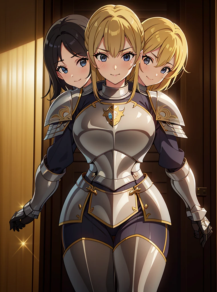 (masterpiece),(ultra-detailed), (high quality), (high resolution), (best quality:1.5, highres, UHD), highres, absurdo, ultra detail, ultra quality, (3heads:1.5), 1girl, ((golden blonde hair)), thighs, (gray armor), female warrior, (fully armored), medium hair, (medieval outfit), (black eyes), armored chest piece, gorgeous female knight, Guild Clothes with Armor, Fantasyart:1.5, (1 Female Knight:1.5), Detailed and detailed depiction armor, (seductive smirk), detailed eyes