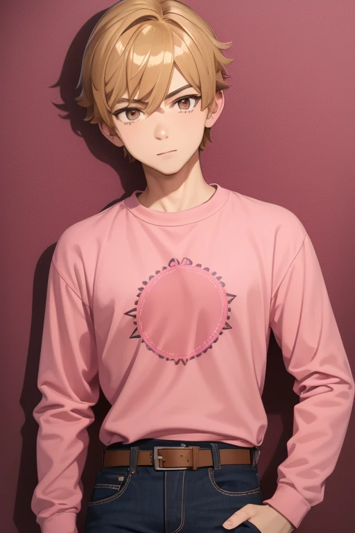 Gumball Handsome 18 year old boy with blonde brown hair, with a pink streak, light skin, pierced ears, honey brown eyes, open pink sweatshirt, black shirt with a candy castle print, black belt, red jeans, looking directly at the viewer on a white background.