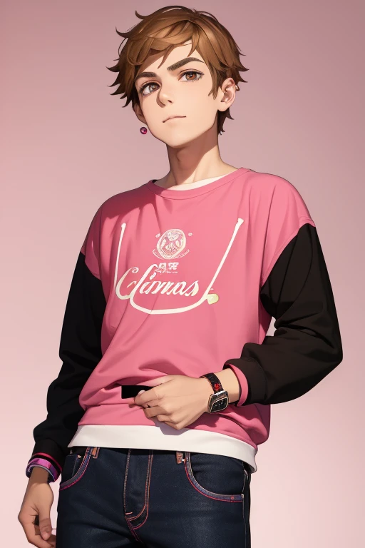 Gumball Handsome 18 year old boy with blonde brown hair, with a pink streak, light skin, pierced ears, honey brown eyes, open pink sweatshirt, black shirt with a candy castle print, black belt, red jeans, looking directly at the viewer on a white background.