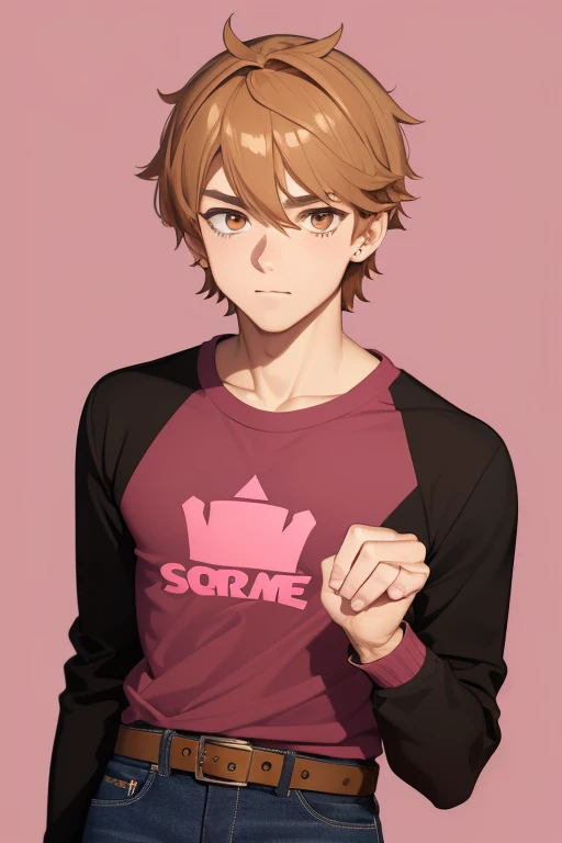 Gumball Handsome 18 year old boy with blonde brown hair, with a pink streak, light skin, pierced ears, honey brown eyes, open pink sweatshirt, black shirt with a candy castle print, black belt, red jeans, looking directly at the viewer on a white background.