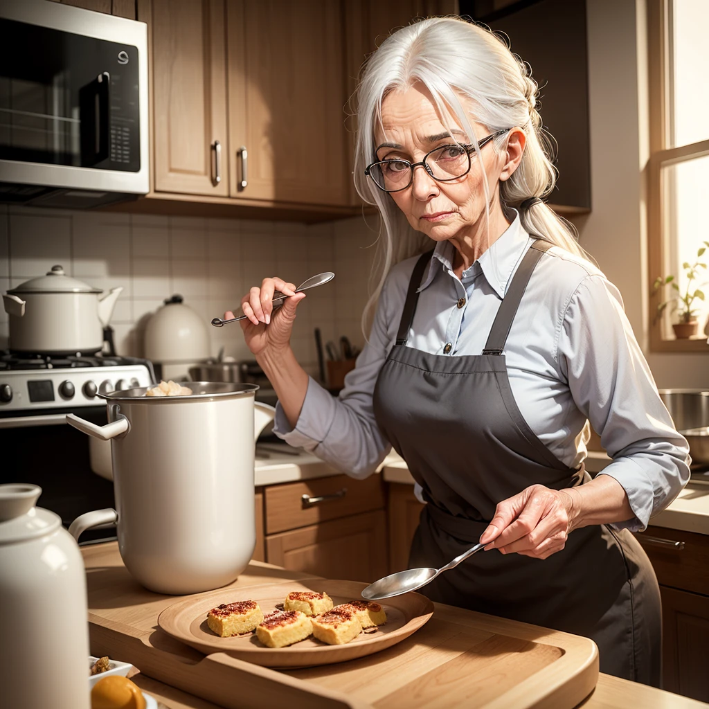 she is an old woman. She has long gray hair. She wears glasses. warm look sweet look. she is cooking