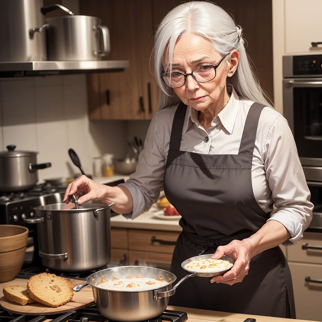 she is an old woman. She has long gray hair. She wears glasses. warm look sweet look. she is cooking