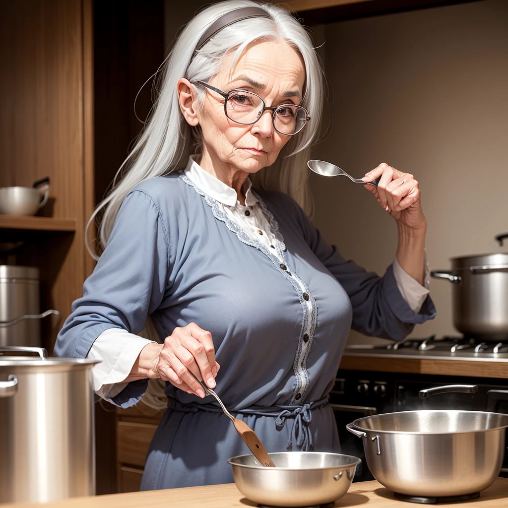 she is an old woman. She has long gray hair. She wears glasses. warm look sweet look. she is cooking