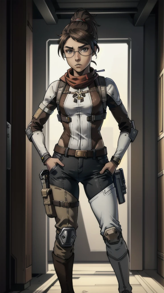 1 girl, ************, brown hair in high ponytail, warm brown eyes, wearing goggles, white skin, slender figure, wearing earpiece, red scarf, white striped blouse, black tactical vest with pockets, long shorts, metal knee pads, sturdy work boots, reinforced gloves with metal studs, leather belt with additional pockets, inspired by Borderlands video game, best quality, 4k, 8k, highres, masterpiece:1.2, ultra-detailed, realistic, photorealistic, photo-realistic:1.37, concept art, sci-fi, vibrant colors, dramatic lighting