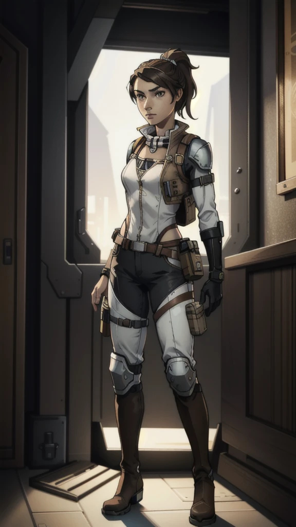 1 girl, ************, brown hair in high ponytail, warm brown eyes, wearing goggles, white skin, slender figure, wearing earpiece, red scarf, white striped blouse, black tactical vest with pockets, long shorts, metal knee pads, sturdy work boots, reinforced gloves with metal studs, leather belt with additional pockets, inspired by Borderlands video game, best quality, 4k, 8k, highres, masterpiece:1.2, ultra-detailed, realistic, photorealistic, photo-realistic:1.37, concept art, sci-fi, vibrant colors, dramatic lighting