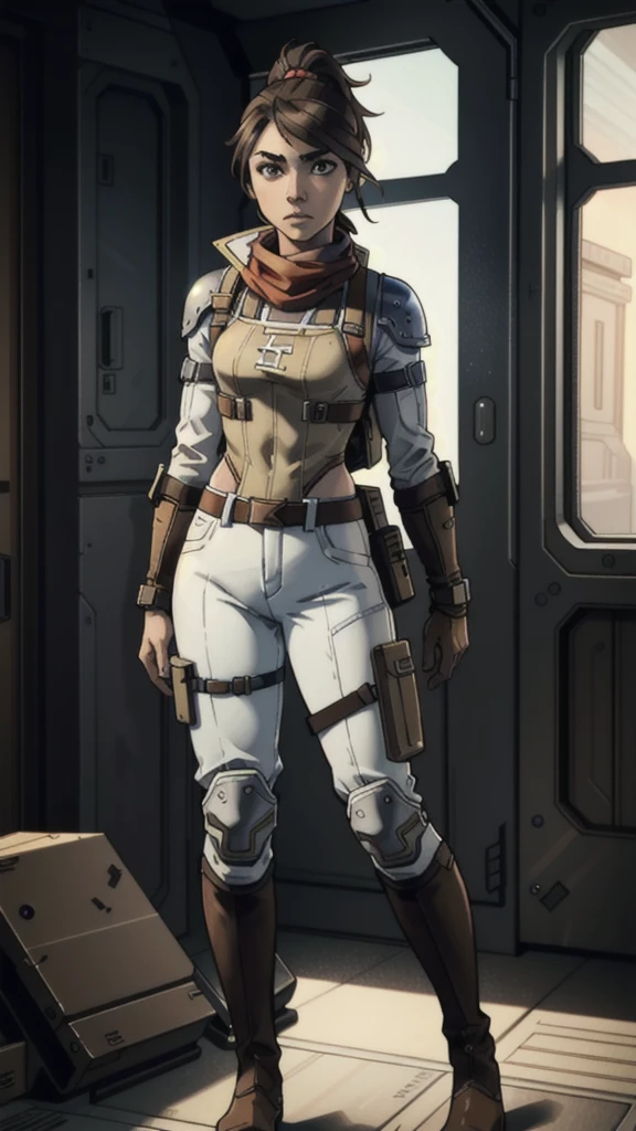 1 girl, ************, brown hair in high ponytail, warm brown eyes, wearing goggles, white skin, slender figure, wearing earpiece, red scarf, white striped blouse, black tactical vest with pockets, long shorts, metal knee pads, sturdy work boots, reinforced gloves with metal studs, leather belt with additional pockets, inspired by Borderlands video game, best quality, 4k, 8k, highres, masterpiece:1.2, ultra-detailed, realistic, photorealistic, photo-realistic:1.37, concept art, sci-fi, vibrant colors, dramatic lighting