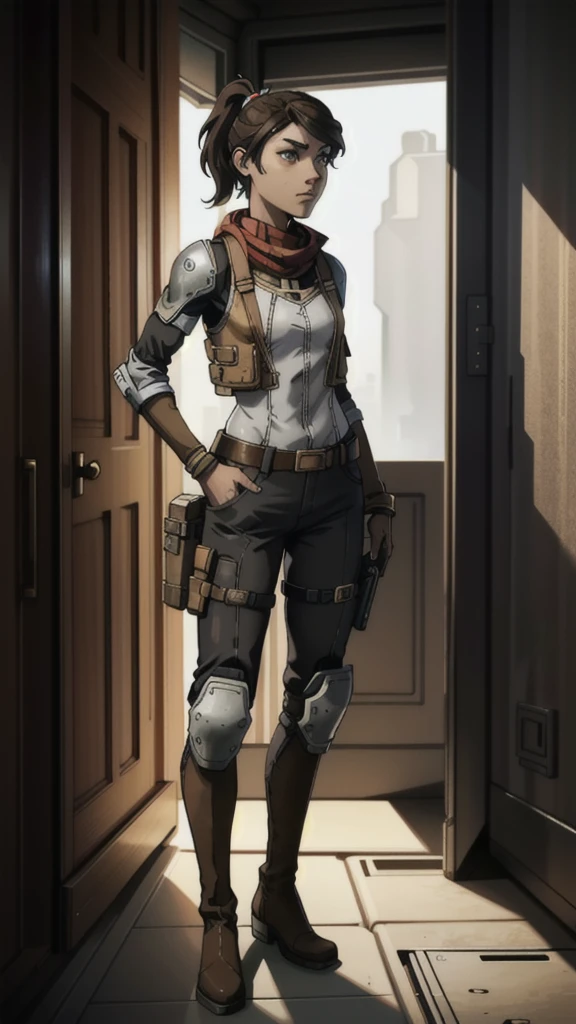 1 girl, ************, brown hair in high ponytail, warm brown eyes, wearing goggles, white skin, slender figure, wearing earpiece, red scarf, white striped blouse, black tactical vest with pockets, long shorts, metal knee pads, sturdy work boots, reinforced gloves with metal studs, leather belt with additional pockets, inspired by Borderlands video game, best quality, 4k, 8k, highres, masterpiece:1.2, ultra-detailed, realistic, photorealistic, photo-realistic:1.37, concept art, sci-fi, vibrant colors, dramatic lighting