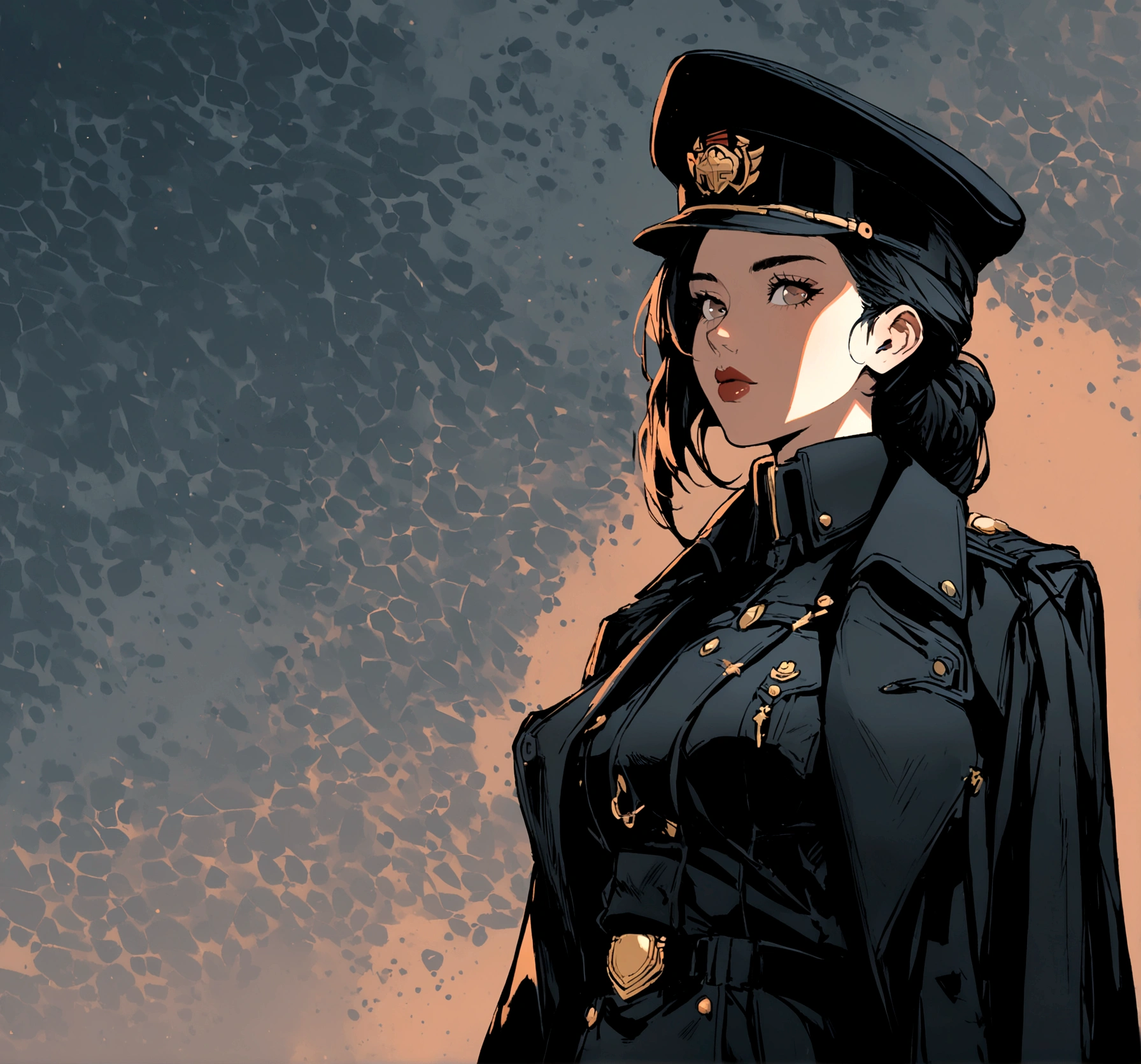1 girl, solo, arafed women in a black uniform and a black hat, a black dieselpunk policewoman, in black military uniform, detective coat, officer, black greatcoat, police uniform, in black uniform, black armored uniform, dark coat, full uniform, inspired by Horace Vernet, officers uniform, he is wearing a black trenchcoat, dressed in black body armour, 4k res, ultra detailed, face detailed
