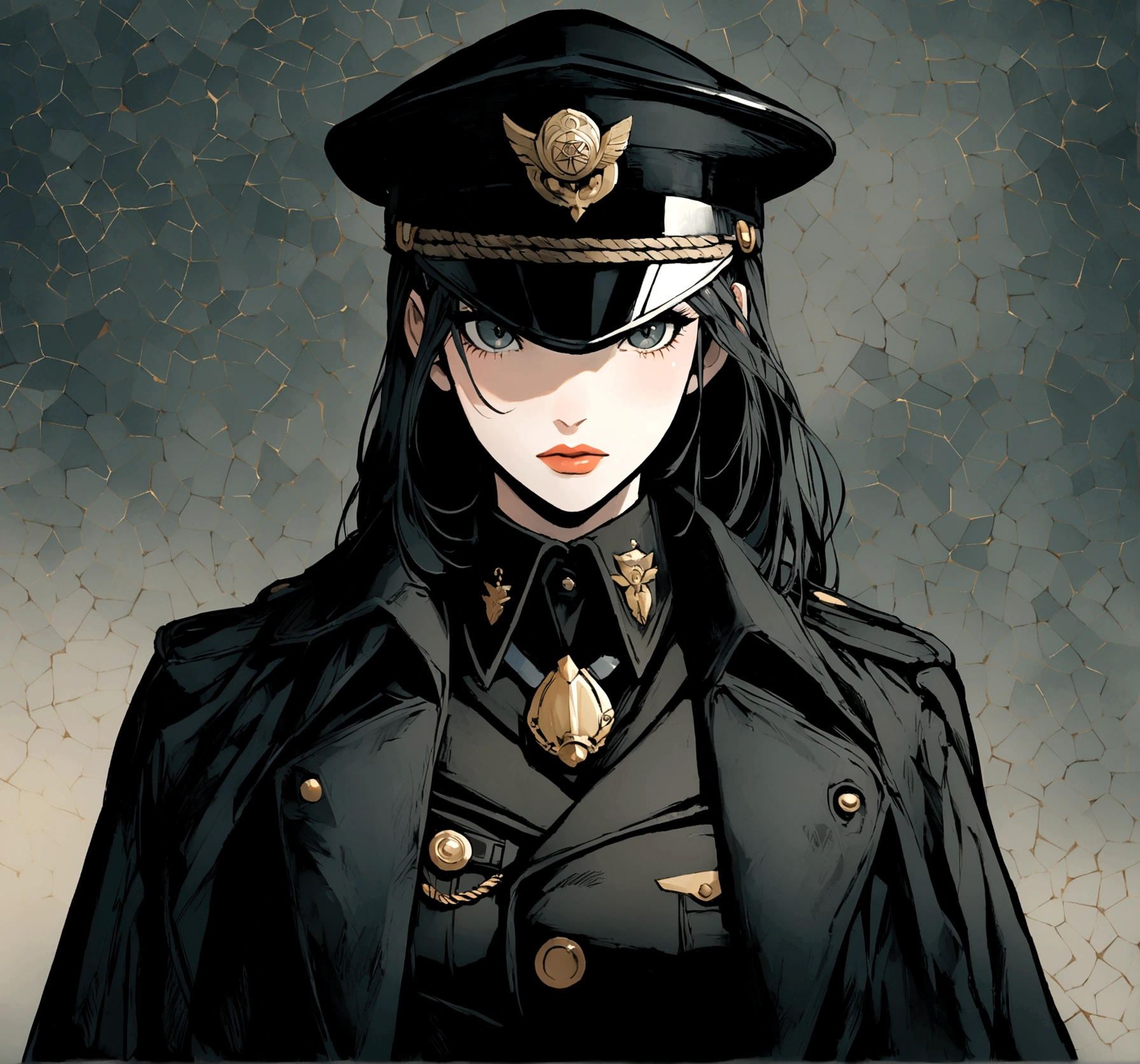 1 girl, solo, arafed women in a black uniform and a black hat, a black dieselpunk policewoman, in black military uniform, detective coat, officer, black greatcoat, police uniform, in black uniform, black armored uniform, dark coat, full uniform, inspired by Horace Vernet, officers uniform, he is wearing a black trenchcoat, dressed in black body armour, 4k res, ultra detailed, face detailed