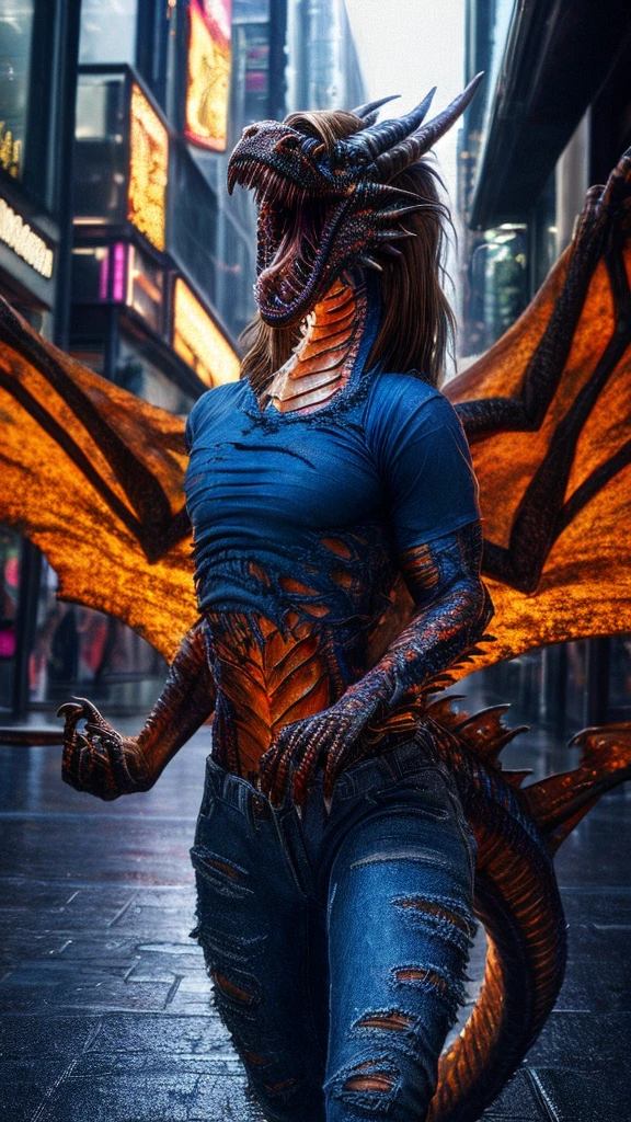 a beautiful girl with long brown hair, screaming in terror, transforming into a dragon, city street, t-shirt, jeans, clothes ripping, photo-realistic, intricate details, dramatic lighting, dark fantasy, cinematic, highly detailed, 8k, award winning, masterpiece, transformation, best quality