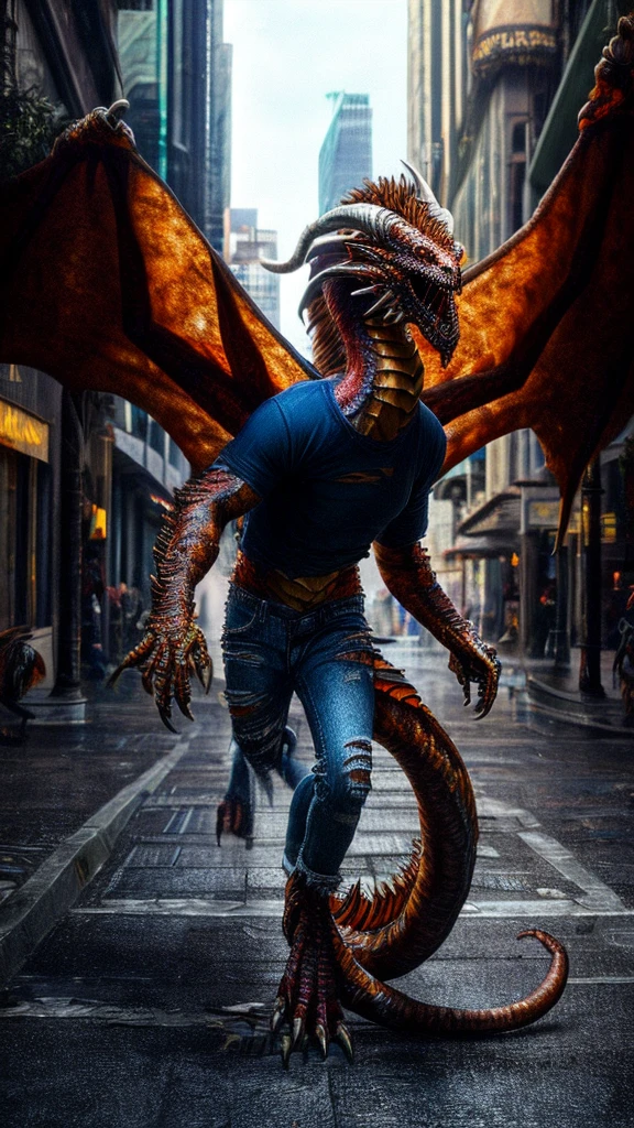 a beautiful girl with long brown hair, screaming in terror, transforming into a dragon, city street, t-shirt, jeans, clothes ripping, photo-realistic, intricate details, dramatic lighting, dark fantasy, cinematic, highly detailed, 8k, award winning, masterpiece, transformation, best quality