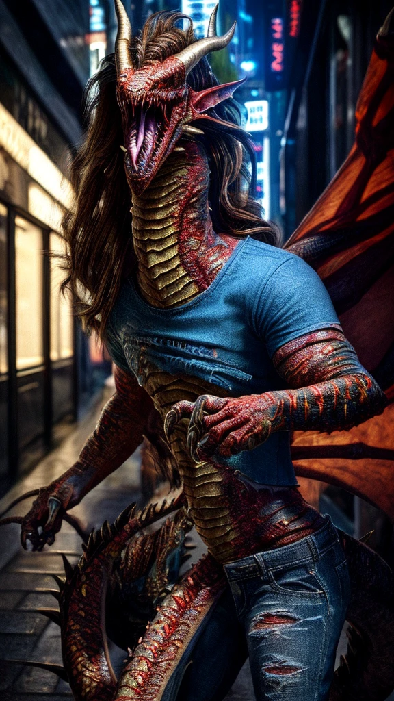 a beautiful girl with long brown hair, screaming in terror, transforming into a dragon, city street, t-shirt, jeans, clothes ripping, photo-realistic, intricate details, dramatic lighting, dark fantasy, cinematic, highly detailed, 8k, award winning, masterpiece, transformation, best quality