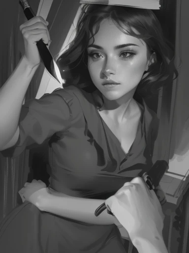 a drawing of a woman holding a knife in her hand, mostly greyscale, digital sketch, quick sketch, heavy gesture style closeup, rough sketch, shading study, drawn in a noir style, greyscale, color study, drawn in a neo - noir style, inspired by Leon Kroll, detailed but rough, inspired by Andrew Loomis, master study