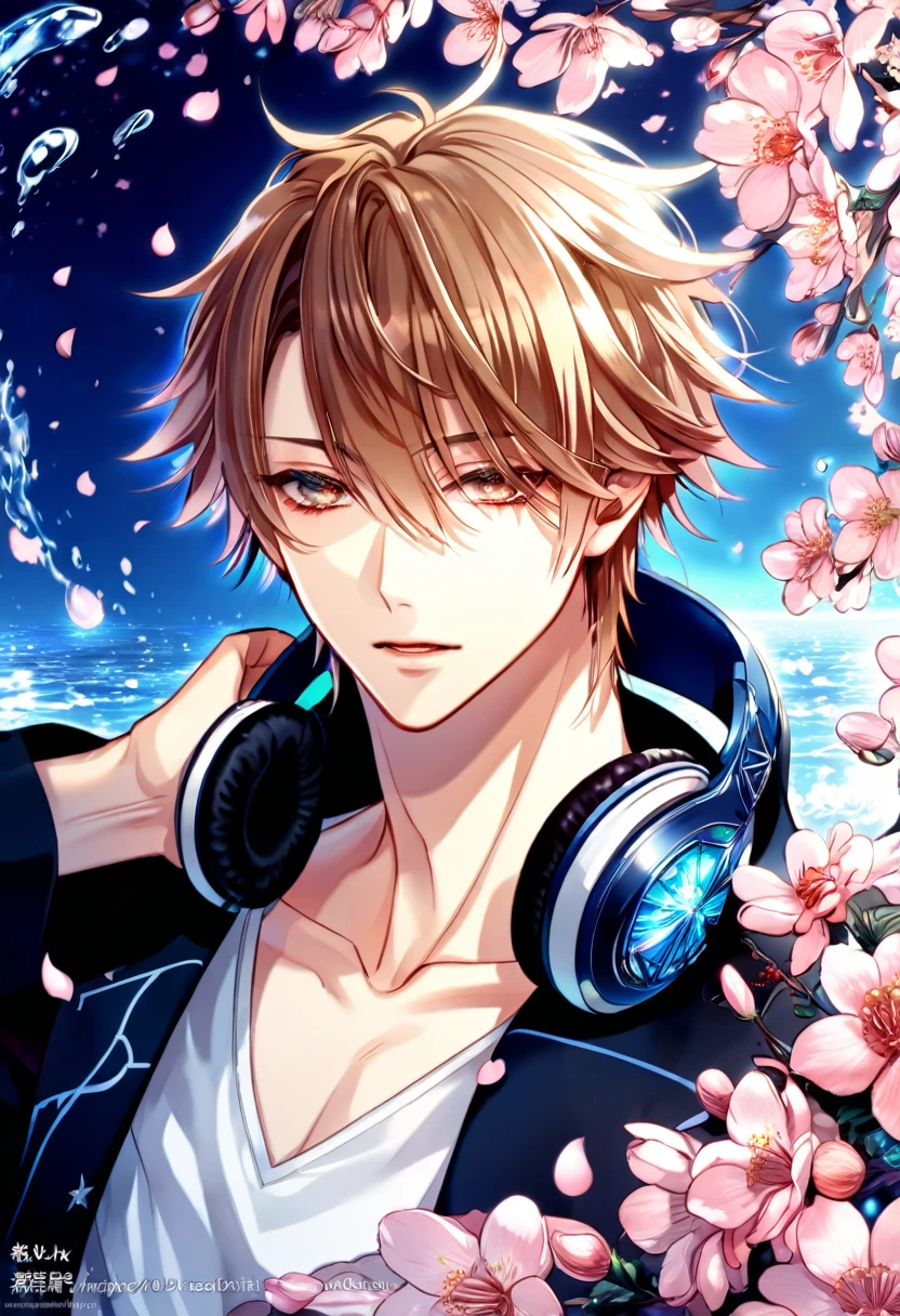 Ultra detailed, highres, absurdres, HDR, master piece, Yata Misaki, spiky, brushed-down chestnut hair, no bangs, expressivee hazel eyes, black beanie, a pair of headphones around his neck, white V-neck shirt with blue lining, K Project, fantasy, pink petals, water, pink flowers, handsome, sexy man, solo, magical, best quality, blossoms, blue shining fireflies