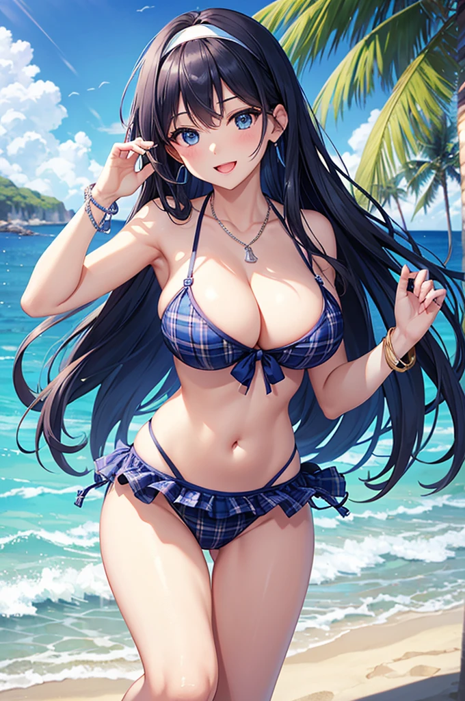 Highest quality、Highest quality、masterpiece、(8K),beauty(Age 25)、Navy blue long hair、blue eyes、Sexy Bikini(Plaid)、Big cleavage、(Big Breasts)、smile、blue necklace、Blue Earrings、background(Beach)、Please open your mouth wide、White headband、bracelet、Dynamic pose