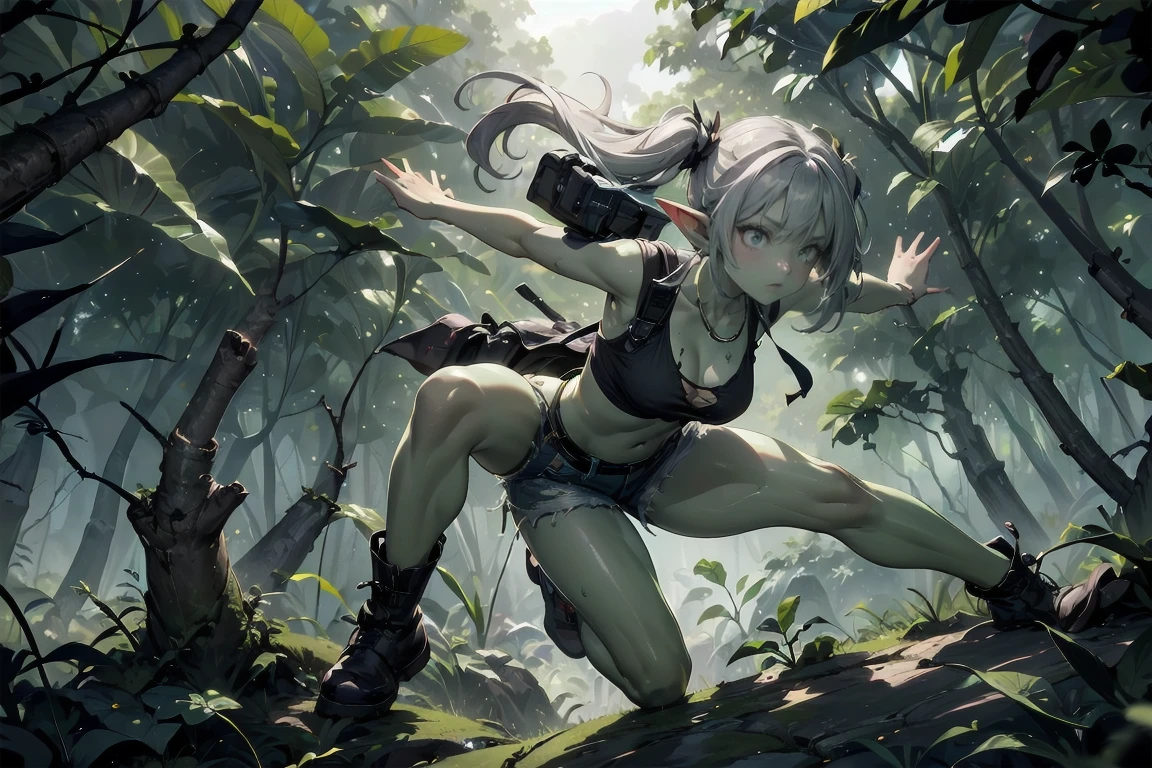 1 girl, solo ((best quality)), ((masterpiece)), (detailed), 4k, deep green skin, tiny pointy ears, 3 foot tall mature goblin woman with silver hair color, pigtails, ((green skin)) wearing tanktop, hiking shorts, hiking boots, backpack, wearing rainbow friendship bracelet and leather necklace, exploring dense dark jungle, foliage is getting caught on her clothes and ripping them, trying to get through dense jungle, very dark, moonlight through trees, ripped shirt, dynamic pose, action shot, cinematic still, cinematic lighting, working hard, torn clothing, straining to get through dense jungle, climbing, crawling, sexy, exposed, in dark jungle