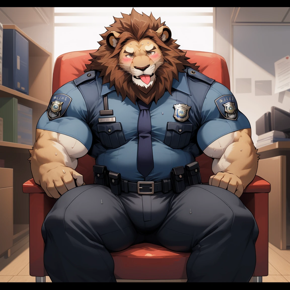 masterpiece, best quality, 8k resolution, Very detailed, hairy,(((lion)),(((Mature))),(((beard))),(((Strong))),(((portrait))),(((police office))),For the audience,(((Police Uniform))),(((sit on the chair))),(((Tongue out))),Highest quality scene,Solitary,solitary,(((whole body))),(((Shameful))),(((Blushing))),((( VR headset))),(((Legs apart))),(((Sweat))),((Fat-enclosed muscle)),(((Round face))),(((alone))),(((Strong body))),(((Hip bulge))),