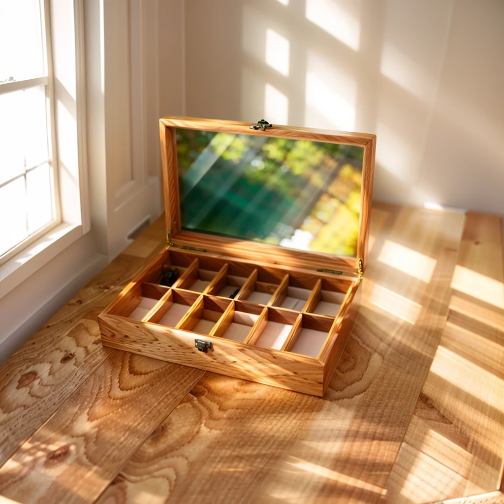 In this cozy room,A ray of sunlight shone through the half-drawn curtains on the table,Let the wood grain on the watch storage box shine with a faint luster。There was a calm and peaceful atmosphere in the air around them。There are several still lifes hanging on the walls of the room,It adds a touch of elegance to the space。And on the other side of the room,The half-open window lets in the breeze,The pages on the small desk by the window turned in the wind,This quiet scene gives a sense of tranquility and comfort。