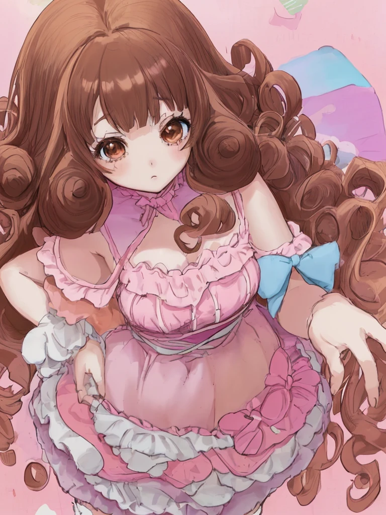 Anime girl, thick, long curly brown hair with bangs, brown eyes, pastel coquette aesthetic
