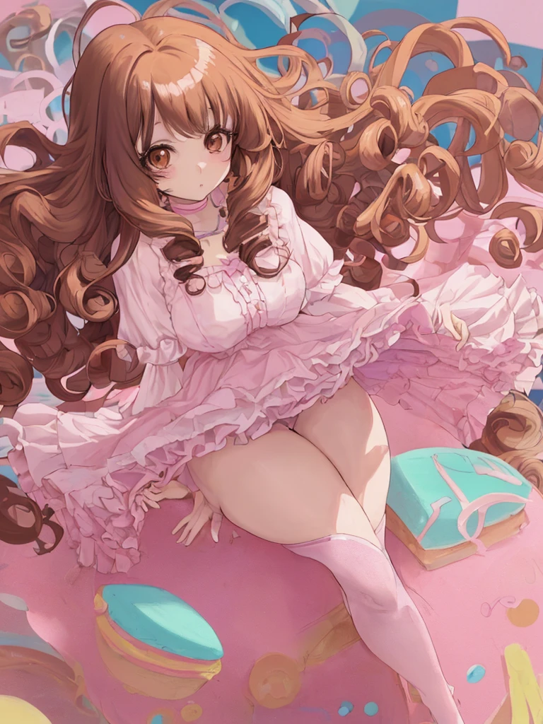 Anime girl, thick, long curly brown hair with bangs, brown eyes, pastel coquette aesthetic