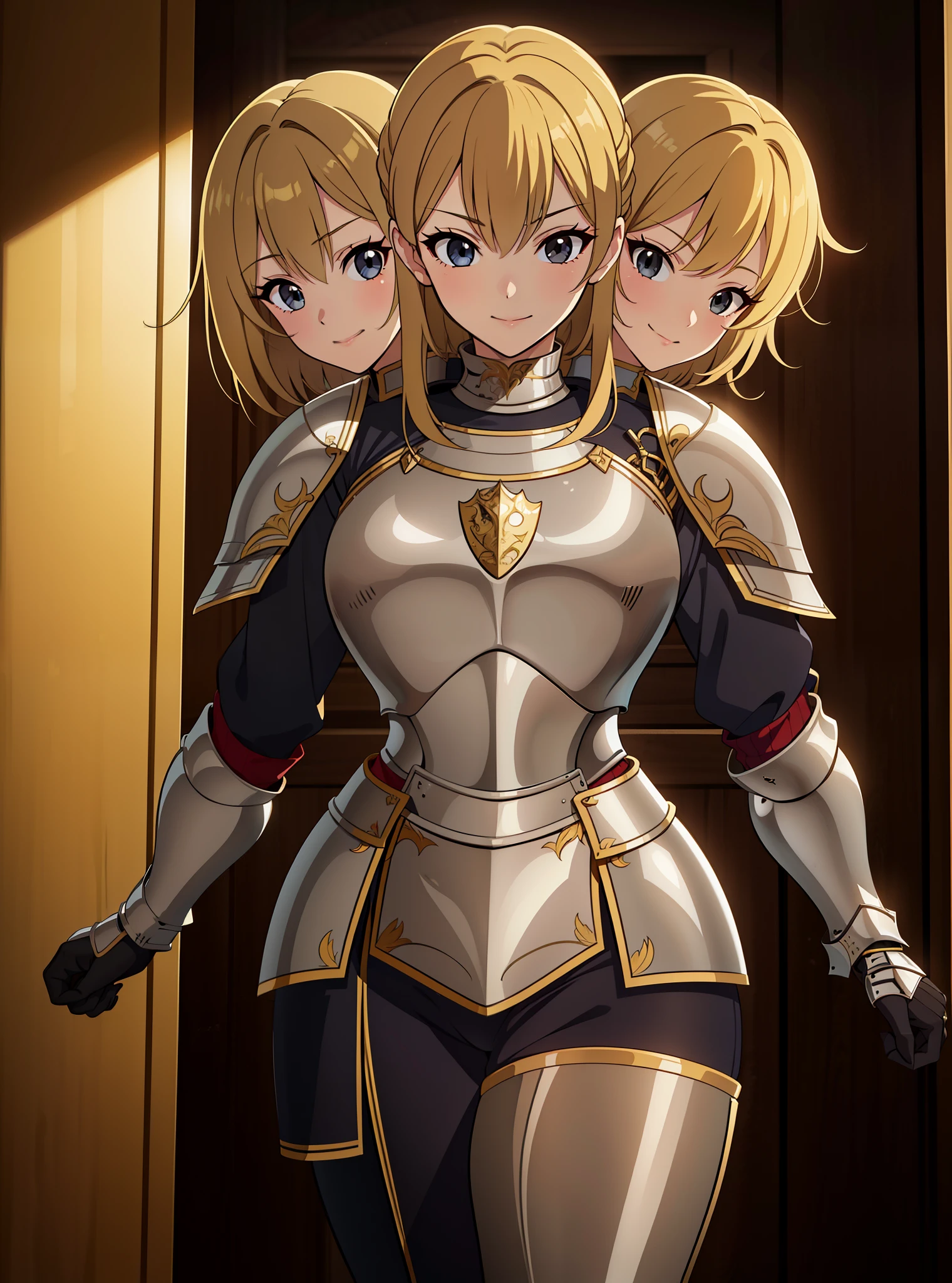 (masterpiece),(ultra-detailed), (high quality), (high resolution), (best quality:1.5, highres, UHD), highres, absurdo, ultra detail, ultra quality, (3heads:1.5), 1girl, ((golden blonde hair)), thighs, (gray armor), female warrior, (fully armored), medium hair, (medieval outfit), (black eyes), armored chest piece, gorgeous female knight, Guild Clothes with Armor, Fantasyart:1.5, (1 Female Knight:1.5), Detailed and detailed depiction armor, (seductive smirk), detailed eyes